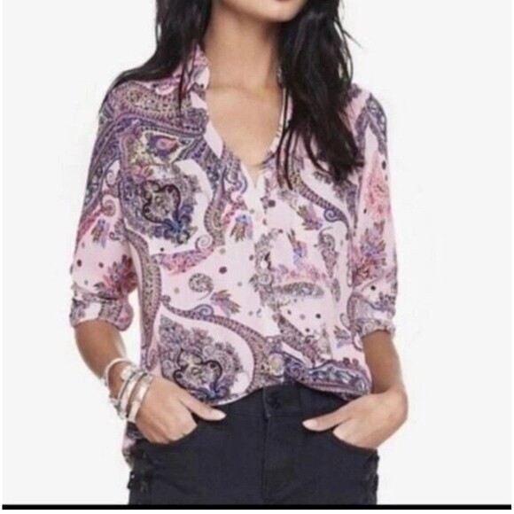 Express Pink Paisley Portofino Shirt Button Down Size S Roll Tab Sleeves - Picture 2 of 8